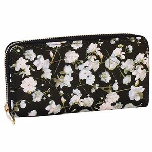 Black with White Floral Print Zip Around Wallet